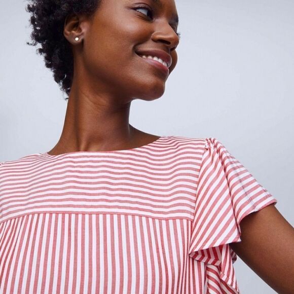 Loft Women's Red Striped Flutter Sleeve Rayon Blouse - Picture 3 of 16